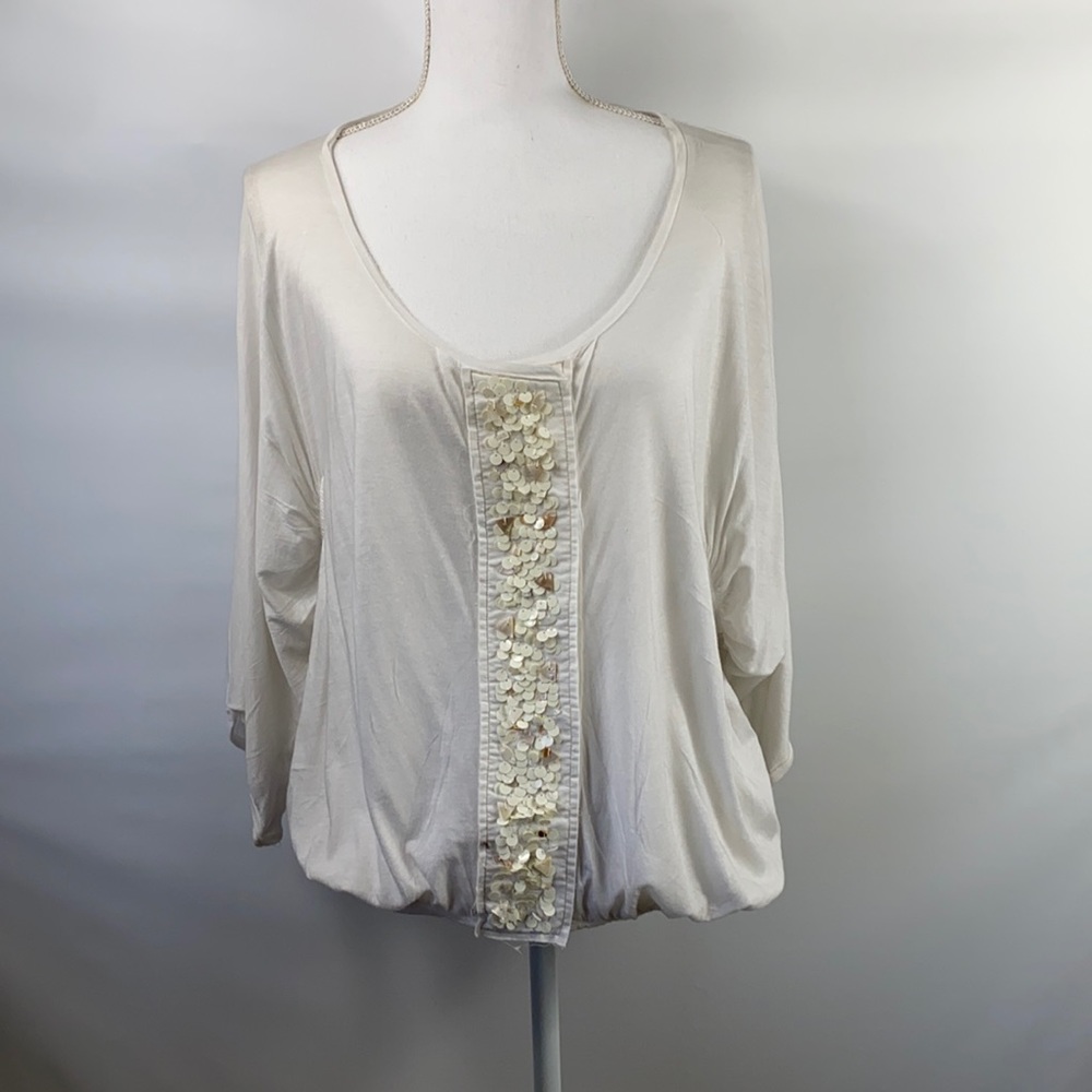 ANTHROPOLOGIE- white dolman sl top with sequin and stone detail down the front